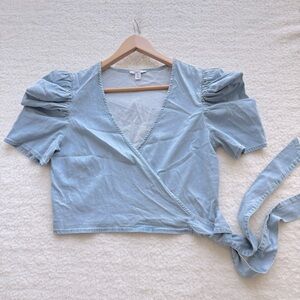 Bar III NWOT Women's Light Blue Denim Wrap Top, Size M